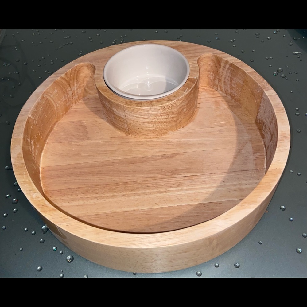 Kamenstein Thailand 11” Beechwood Serving Tray & 4” Removable White Ceramic Bowl
